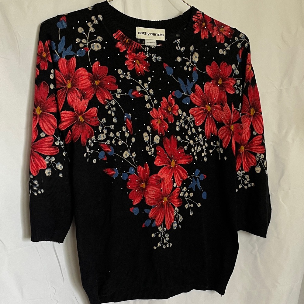 Cathy Daniels Black Sweater with Red Floral Design